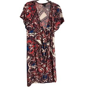 George Women's Wrap Dress Paisley Print Short Sleeve Midi Blue Red White L 12-14
